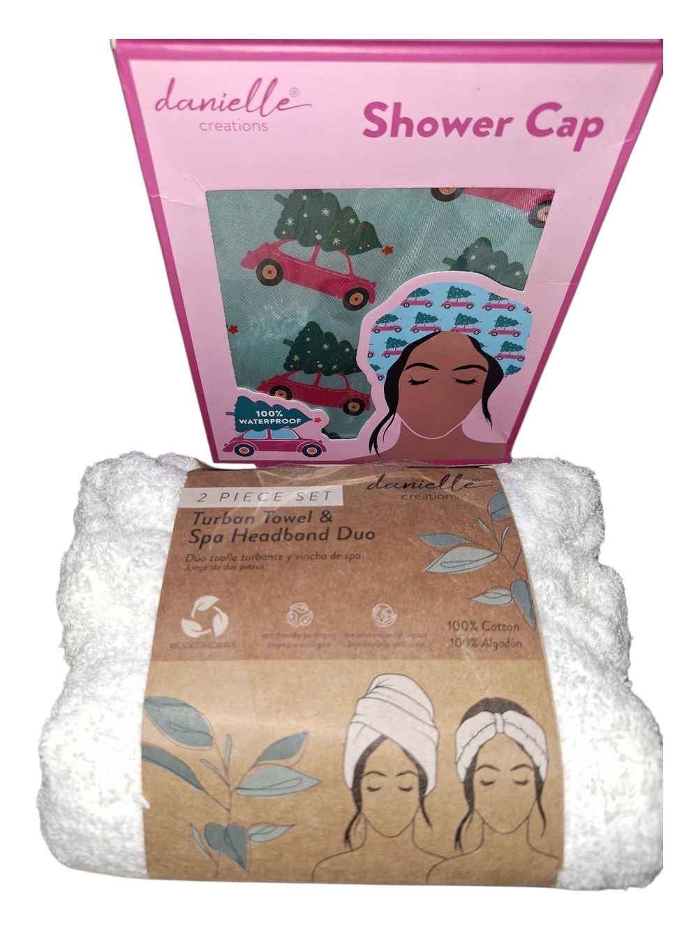 danielle creations Shower Cap & Spa Towel Set - Teal w/ Car Print & White Towel